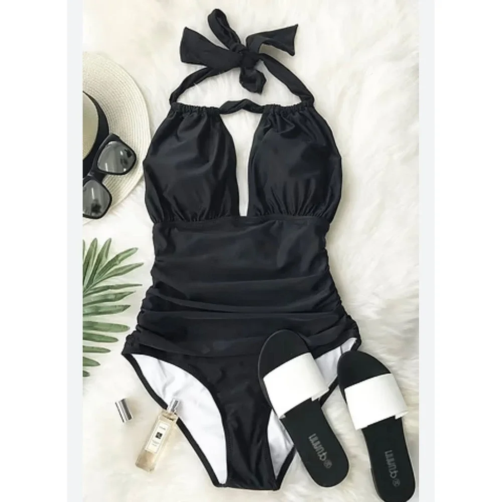 Cupshe Black Luxe Tummy Control Halter Swimsuit size XL‎